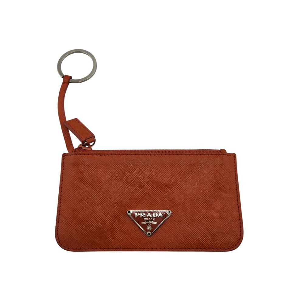 Prada Saffiano Leather Key Pouch Orange Zip Coin Case Wallet with COA